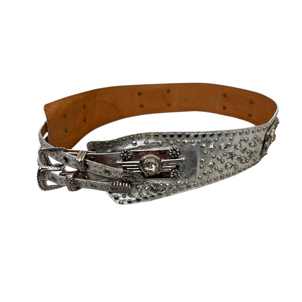 Vintage Apple ACC of NY Studded Leather Belt Women S/M Silver Rhinestone Studded